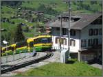 Ein Zug der Wengeralpbahn aus Richtung Kleine Scheidegg kmpft sich zum Bahnhof in Grindelwald hoch.