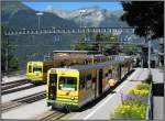 Zge der Wengernalpbahn im Bahnhof von Wengen, aufgenommen am 20.07.2010.