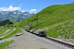 Am 04.07.2016 verkehrte der BDeh 4/4 Nr. 109 mit 2 beladenen Kippwagen zur kleinen Scheidegg. Das Baumaterial wird fr den Ausbau eines Abstellgleises der JB. Das Bild entstand zwischen Wengernalp und kleine Scheidegg.