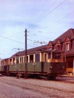 Schweiz, Kanton Nidwald, Stansstad, ein BCFZe 3/4 der ehemaligen StEB (Stansstad-Engelberg Bahn). Die elektrische Stansstad-Engelberg Bahn hatte ihre Abgangsstation an der Schiffstation in Stansstad. Drehstrom 33,3 Hz. Spannung 800 V. Hchstgeschwindigkeit 40  km/h. Scan eines Fotos aus dem Jahr 1963.