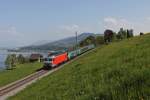 Ein Teil des  Gipfeliexpress , dem Zug der morgens von Einsiedeln nach Zrich und abends zurck fhrt wird tagsber zurck in die Klosterstadt gebracht. Hier ist die berfuhr, die als S 18050 (Einsiedeln-Zrich Altstetten) auch offiziell Personen befrdert in der 50 0/00 Rampe unterhalb Burghalden unterwegs. Es zieht Re 446 015. (19.April 2011)