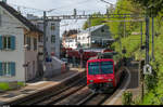 Eine Sihltal-Komposition mit schiebender Re 456 und führendem ex-MThB-NPZ-Steuerwagen der SZU erreicht am 10. April 2017 als S4 Zürich HB - Langnau-Gattikon die Haltestelle Zürich Brunau.