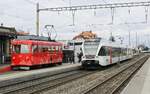 Auch wenn es auf den ersten Blick nicht so aussieht, hier ist ein direkter Umstieg von S-Bahn zu S-Bahn möglich: Links der BDeh 1/2 1 der Bergbahn Rheineck-Walzenhausen als S 26 nach