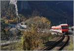 Vor dem Hintergrund des noch im Schatten liegen Waldes überquert der TMR Region Alpes RABe 525 039 auf seiner Fahrt nach Le Châble bei Sembrancher die gleichnamige Brücke. 

6. November 2020