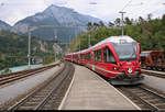 ABe 4/16 3102  Richard La Nicca  (Stadler ALLEGRA) der Rhätischen Bahn (RhB) als RE 1759 von Chur (CH) nach Disentis/Mustér (CH) durchfährt den Bahnhof Reichenau-Tamins (CH) auf Gleis 3.
[10.7.2018 | 17:40 Uhr]