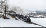 RhB Winterdampf am 18. März 2017: G 3/4 11  Heidi  leistet den G 4/5 108 und 107 auf der Albulalinie Vorspann. Weiterfahrt nach der Pause oberhalb von Bergün.