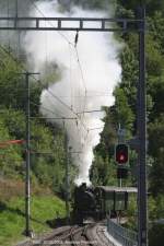 Dampflok G 4/5 108  ENGIADINA  wechselt von Gleis 1 auf Gleis 4 und mu dabei rckwrts bergauf die Einfahrtsweiche aus Richtung St. Moritz hinterfahren. (Filisur 30.08.2008)