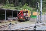 Blick auf Tm 2/2 81 der Rhätischen Bahn (RhB), die im Bahnhof Reichenau-Tamins (CH) abgestellt ist.