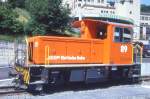 RhB - Tmf 2/2 89 am 05.06.1993 in Thusis - Strkerer Dieselmotor-Stationstraktor - bernahme: 23.09.1992 - RACO1990/Cummins - 331KW - Gewicht 24,00t - LP 7,50m - zulssige Geschwindigkeit 16/32/50/60geschleppt km/h - Logo RhB deutsch - Heimatstation: Samedan (GUZO) - Hinweis: gescanntes Dia
