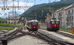 ABe 8/12 3503  Carlo Janka  erreicht als RE1152 (St.Moritz - Chur) Samedan, während Ge 4/4 II 623  Bonaduz  auf ihren nächsten Einsatz wartet.