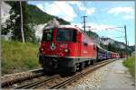 Der GlacierExpress mit ein Ge 4/4 II 622  Arosa  kurz hinter dem kleinen Bahnhof Versam-Safien in der Rheinschlucht. Der Ort Versam liegt ein paar Kilometer und 266 m hher als der Bahnhof. Hinter der Lok erkennt man zwei blaue Restaurantwagen, die vom Rot der brigen Wagen etwas abstechen. 30.6.2008