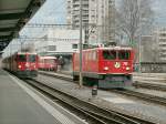 Links Ge 4/4 II Nr.623 mit einem Zug nach Disentis/Mustr.In der Mitte ein Pendelzug nach Schiers und rechts Ge 6/6 II Nr.701 beim rangieren.Landquart 07.02.07