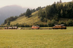 RhB: Gemischter Güterzug mit einer Ge 6/6 I  KROKODIL  bei Bonaduz im September 1986.
Foto: Walter Ruetsch