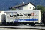 RhB - Gbk-v 5608 am 07.09.1994 in Samedan - Gedeckter Gterwagen 2-achsig mit 1 offenen Plattform - Baujahr 1913 - Reichsh/Gestle - Gewicht 7,65t - Zuladung 12,50t - LP 8,49m - zulssige Geschwindigkeit 75 km/h - 2=04.12.1992 - Werbung: 50 Jahre TERRA GRISCHUNA - Lebenslauf: ex K1 5608 - 1969 Gbk-v 5608 - 2001 Kastenabbruch - 09/2001 X rot m 9214 III - Hinweis: gescanntes Dia
