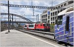 Die Ge 4/4 II 631  Untervaz  bringt die Wagen des Glacier-Express 902 aus Disentis, die in Chur an den wartenden RE1149 nach St.Moritz übergeben werden.