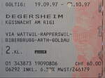 Fahrkarte von 1997 zwischen Degersheim (damals noch -bis 2000- Bodensee-Toggenburg-Bahn BT) und Küssnacht am Rigi (ab wo zum 150 Jahr Jubiläum der Schweizer Bahnen Dampfzüge nach Luzern fuhren). Dies ging als durchgehende Fahrt mit dem Voralpenexpress. Der Preis für die Fahrkarte betrug auch damals schon 60 Franken.

1997-09-19