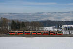 Be 4/6 73 und Be 4/6 72 befinden sich am 28.01.2017 zwischen Neuhaus und Scheuren. Im Hintergrund ist der Greifensee zu erkennen.