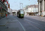 Bern SVB Tram 3 (SWS/BBC/MFO Be 8/8 14) Bahnhofplatz / Spitalgasse am 30. Juli 1983. - Scan eines Farbnegativs. Film: Kodak Safety Film 5035. Kamera: Minolta XG-1.