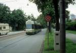 Bern SVB Tram 3 (ACMV/DÜWAG/ABB Be 4/8 733) Muristrasse am 7. Juli 1990.