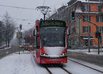 Bernmobil: Tramzug der Linie 6 nach Worb Dorf bestehend aus dem Be 6/8 I 762 anlässlich der Einfahrt in die Haltestelle Brunnadernstrasse am 5 Februar 2017.