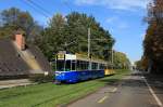 Baselland Tw 259 und 105 in historisierendem Lack in der Binningerstrasse, 29.09.2015.