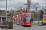 Be 6/8 Flexity 5014, mit der Sympany Werbung, wartet an der Endstation der Linie 3 an der Birsfelden Hard. Die Aufnahme stammt vom 02.02.2018.