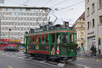 Im Dezember fährt der Be 2/2 190 als Weihnachts Tram durch Basel. An der Schifflände steigen die Kunder ein und machen eine Rundfahrt mit dem Nikolaus. Hier fährt der Be 2/2 190 Richtung Aeschenplatz. Die Aufnahme stammt vom 09.12.2018.