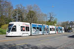 Be 6/8 Flexity 5008 mit der Werbung für Tissot Uhren, anlässlich der Messe Basel World 2019, bedient die Haltestelle St.