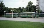 Basel BVB Tram 4 (Be 4/4 420 + B 1481) Messeplatz am 28. Juni 1980.