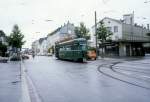 Basel BVB Tram 15 (B 1458) Elssserstrasse / Kohlenstrasse (St. Louis Grenze) am 28. Juni 1980.
