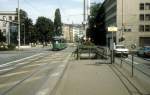 Basel BVB Tram 14 (Be 4/6 626) Klybeckstrasse / Dreirosenstrasse / Hst. Dreirosenbrcke im Juli 1988.