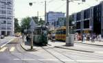 Basel BVB Tram 14 (Dwag/BBC/Siemens-Be 4/6 625, Bj 1972) Aeschenplatz am 30. Juni 1987.