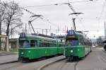 Wie in alten Zeiten.Die Be 4/6 Düwag sind zur Zeit wieder jeden Tag zu sehen. Am Badischen Bahnhof konnte ich gleich zwei Kurse mit Düwag Doppeltraktionen fotografieren. Die Aufnahme stammt vom 09.02.2015.