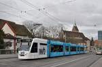 Be 6/8 Combino 307 mit der IWB Werbung auf der Linie 6, während den Umleitungen wegen der Basler Fasnacht, kurz nach der Haltestelle Wettsteinplatz. Die Aufnahme stammt vom 24.02.2015.