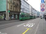 BVB Nr. 497 + 1493 + 476 (Be 4/4 ''Cornichon'' + B4N + Be 4/4 ''Gummikuh) am 28.3.2015 beim Aeschenplatz. Mit der Ablieferung der neuen Flexity-Trams werden solch bunte Tramzüge wohl verschwinden.