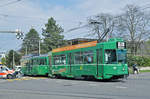 Be 4/4 502 zusammen mit dem B4S 1505, auf der Linie 15 hat das Depot Wiesenplatz verlassen und fährt zur Haltestelle CIBA. Die Aufnahme stammt vom 05.04.2017.