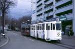 Basel Tw 425 mit Bw 1434 im Bereich der Messe, 23.02.1999.