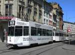 Clariant Werbezug mit dem Be 4/4 493, dem B 1501 S und dem B 1460 auf der Linie 14 fhrt zur Haltestelle Marktplatz.