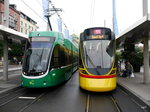 BVB - Tram Be 6/8 5024 unterwegs auf der Linie 8 neben BLT Tram beim Bahnhof Basel SBB am 15.09.2016