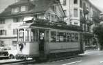 Die Strassenbahn Schwyz - Brunnen an der Endstation Brunnen: Wagen 1 am 6.August 1963. 