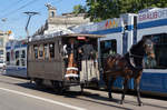 ZÜRCHER TRAMPARADE 2017 
VBZ: Aus Anlass des Jubiläums 50 Jahre Verein Tram-Museum Zürich und 10 Jahre Tram-Museum Burgwies wurde am Sonntagmorgen, 21. Mai 2017 ein einmaliger Tram-Korso durchgeführt. 

Beteiligt waren nicht weniger als 17 Strassenbahnwagen vom sonst im Verkehrshaus zu sehenden Rösslitram über das älteste elektrische Tram mit Jahrgang 1897 bis zum modernen Niederflurfahrzeug. Was diese einzigartige Parade noch spezieller machte waren die mitfahrenden Passagiere, welche alle epochengerecht gekleidet waren. Der Korso begann um 9 Uhr am Limmatquai und führt über Bellevue – Quaibrücke – Paradeplatz – Hauptbahnhof – Central zurück an den Ausgangsort. Anschliessend an die Rundfahrt blieben die mit ihren Passagieren bevölkerten historischen Wagen bis 11 Uhr am Limmatquai zwischen Münsterbrücke und Rudolf Brun Brücke zur Besichtigung.
Foto: Walter Ruetsch
