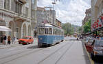 Zürich VBZ Tramlinie 10 (SWS/MFO-Be 4/4 + SIG-B) Oerlikon, Ohmstrasse am 26. Juli 1993. - Scan eines Farbnegativs. Film: Kodak Gold 200-3. Kamera: Minolta XG-1.