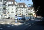 Zrich VBZ Tram 7 (Be 4/6 1668) Mutschellenstrasse / Morgental im August 1986.