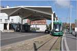 Bombardier Flexity 2 Be 4/6 am Grenzübergang Burgfelden, von wo die Linie 3 der BVB weiterfährt nach Saint-Louis Gare.