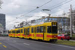 Doppeltraktion mit dem Be 4/8 243 und dem Be 4/6 233, auf der Linie 10, fährt Richtung Haltestelle Aeschenplatz. Die Aufnahme stammt vom 12.04.2021.