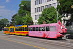 Be 4/8 255 zusammen mit dem B4 1322 mit der Werbung für die Basellandschaftliche Kantonalbank, auf der Linie 17, fährt am 16.06.2012 bei der Haltestelle CIBA ein.