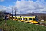 Auf dem Weg von Rodersdorf über Basel nach Dornach verlässt Be 6/10 154 am 12.2.2018 den Bahnhof Leymen in Frankreich.