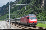 Re 460 111 befährt am 5. Juni 2016 mit einem verlängerten IR die Rampe über das Südportal des Gotthard Basistunnels in Pollegio.