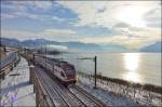 Der RABe 511 115 unterwegs als RE 3218 von Vevey nach Genf kurz vor der Durchfahrt in St-Saphorin.