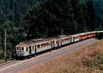 Aigle-Sépey-Diablerets TPC/ASD.
Hochbetrieb herrschte an einem herrlichen Sommersonntag im Juni 1980 als beinahe der gesamte Fuhrpark der ASD für die Bildung eines Zuges benötigt wurde. Der damalige Rollmaterialbestand setzte sich aus den Triebwagen 1,2,3,11,12 plus fünf B2 zusammen. 
Die beiden Triebwagen ABFe 4/4 12 und ABFe 4/4 11, die einzigen blauen Triebwagen mit schmalen Fenstern, mit allen verfügbaren Personenwagen B2 31 bis B2 35 in der Gegend von Le Sepey auf der Fahrt nach Les Diablerets.
Foto: Walter Ruetsch 
